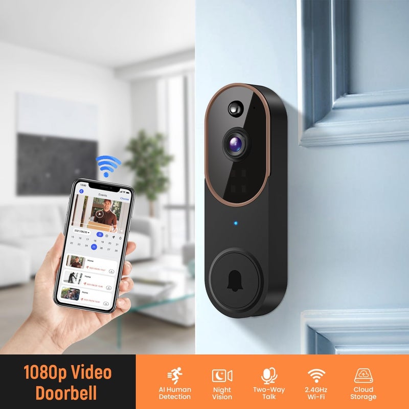 GridTera 1080p Wireless Video Doorbell Camera, AI Human Detection, Live View, Night Vision, Cloud Storage, 2.4G WiFi, Battery Powered, Indoor Outdoor Surveillance (Comes with Doorbell Receiver) - Image 2